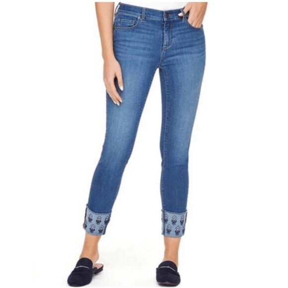 Loft High Waist Embroidered Cuff Skinny Cropped Ankle Denim Jeans - Picture 2 of 14